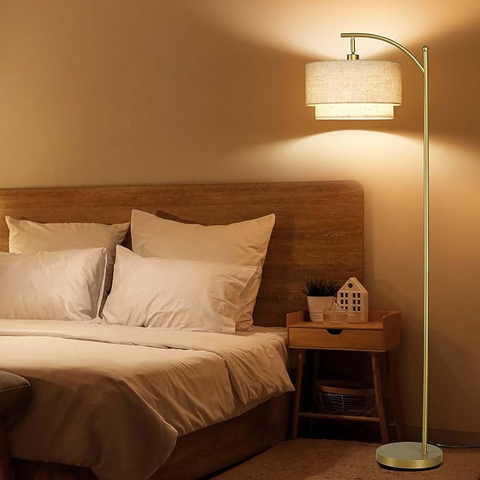 SUNMORY Floor Lamps for Living Room with 12W LED Bulb, Arc Floor Lamp with 3 Color Temperatures, Modern Floor Lamps with Adjustable Double Fabric Shades, Tall Standing Lamp for Bedroom, Corner