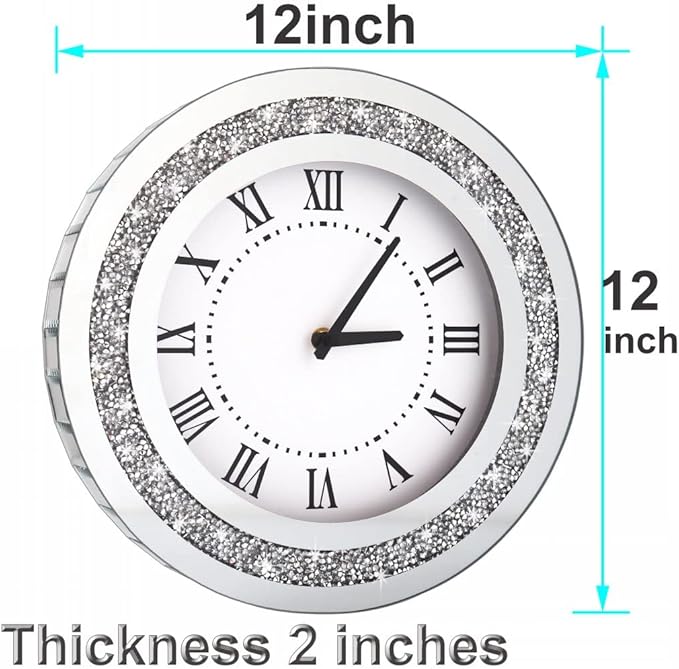 Silver Round Mirror Clock 12inch Crystal Sparkle Twinkle Bling Crush Diamond Mirrored Wall Clock for Wall Decoration Silver Glass Mirror Home Decor. AA Battery is not Included.