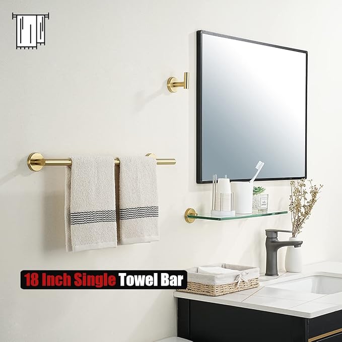 JQK Bath Towel Bar Brushed Gold, 18 Inch 304 Stainless Steel Thicken 0.8mm Towel Rack Bathroom, Towel Holder Wall Mount, Total Length 20.47 Inch TB110L18-BG
