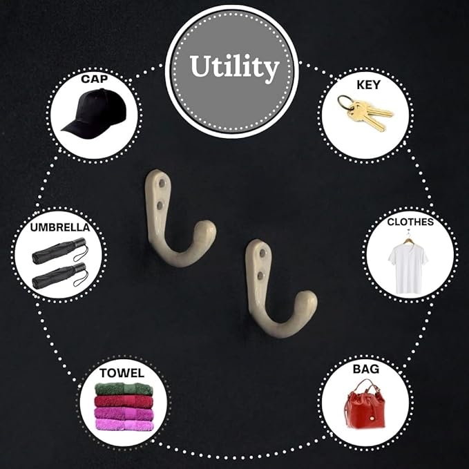 Multipurpose Hooks, Used to Hang Clothes, Bags, Coats, Curtain Hold Backs, Keys, Colour - Ivory, Material - Aluminium, Screws and Wallplugs Included, Pack of 10 Pieces