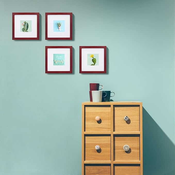 Egofine 8x8 Picture Frames 4 Pack for Picture 4x4 with Mat or 8x8 whitout Mat Made of Solid Wood Covered by Plexiglass for Table Top Display and Wall Mounting Photo Frame, Cherry Red