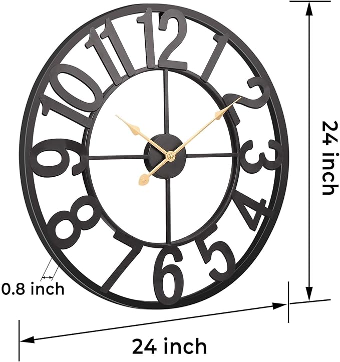 Vantic 24 Inch Large Wall Clock, Arabic Numeral Metal Oversized Wall Clocks for Living Room Decor, Bedroom and Kitchen, Completely Silent, Non Ticking, Battery Operated