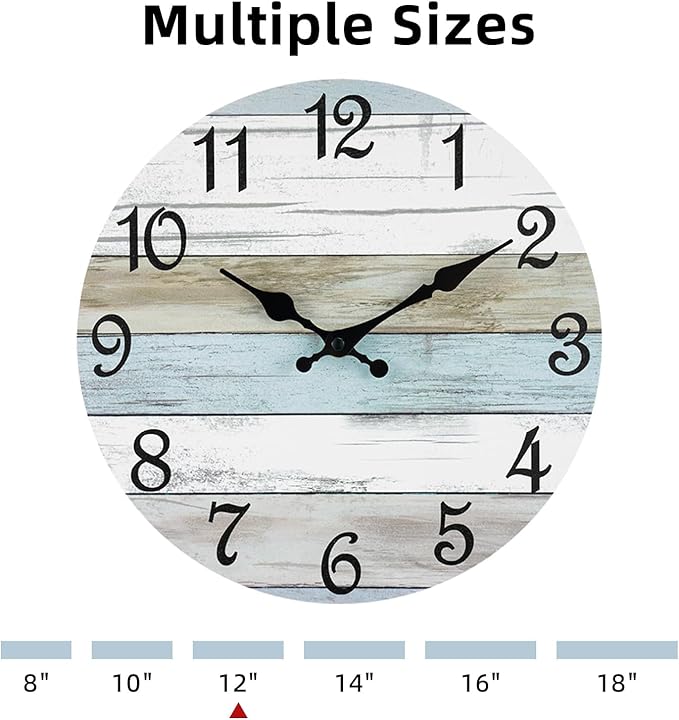 CHYLIN Wall Clock 12 Inch Bathroom Clock, Rustic Wall Clocks Battery Operated, Silent Non Ticking Wooden Coastal Beach Clock for Kitchen, Living Room, Bedroom (White)