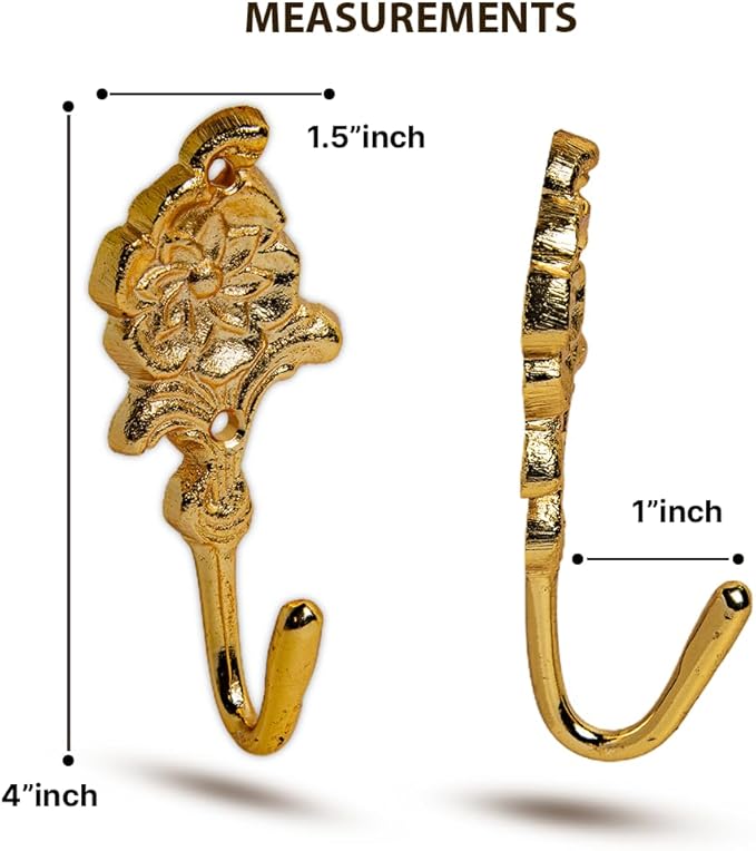 Multipurpose Hooks, Used to Hang Clothes, Bags, Coats, Curtain Hold Backs, Keys, Colour - Full Gold, Material - Brass, Flower Design, Screws and Wallplugs Included, Pack of 2 Pieces
