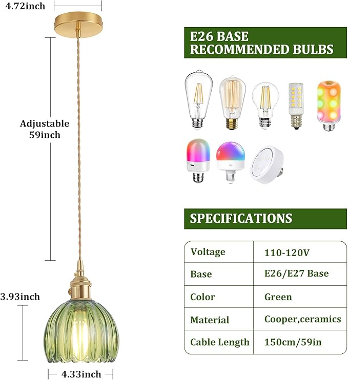 Mini Pendant Light with Green Tulip Glass Lmapshade, Brass Vintage Pendant Light Adjustable Hanging Light for Kitchen Island Dining Room Hallway