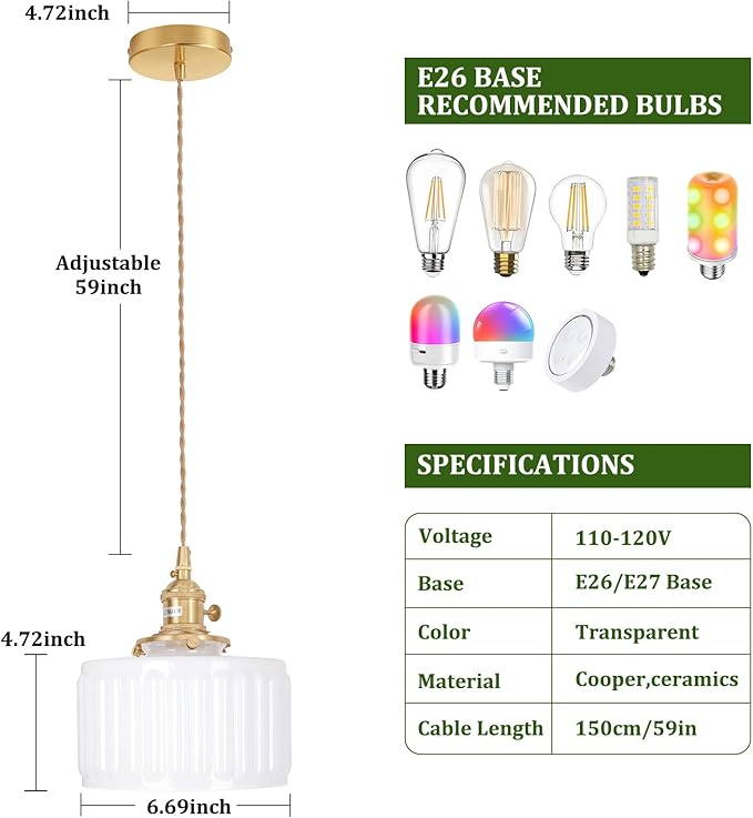 Pendant Light with White Striped Glass Lmapshade, Brass Vintage Pendant Light Adjustable Hanging Light for Kitchen Island Dining Room Hallway