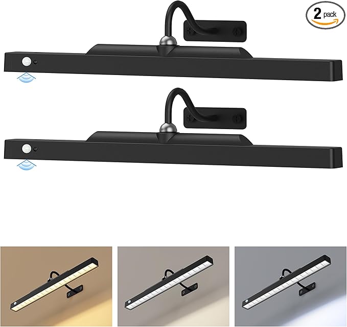 2 Pack Picture Lights for Wall Paintings Motion Activated – 16'' Rechargeable and Cordless Wall Sconce Pictures, 350LM Artwork Light for Gallery, Portraits,Poster(Black)