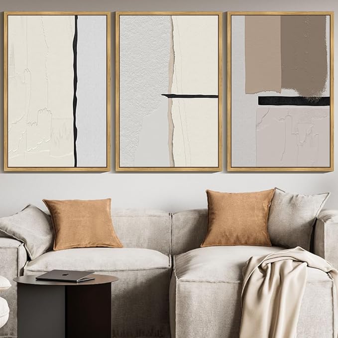 KUVIOKE Neutral Abstract Framed Wall Art Beige Mid Century Textured Wall Decor Minimalist Modern Illustrations Art Print Home Decor 24x36in (Natural Framed)