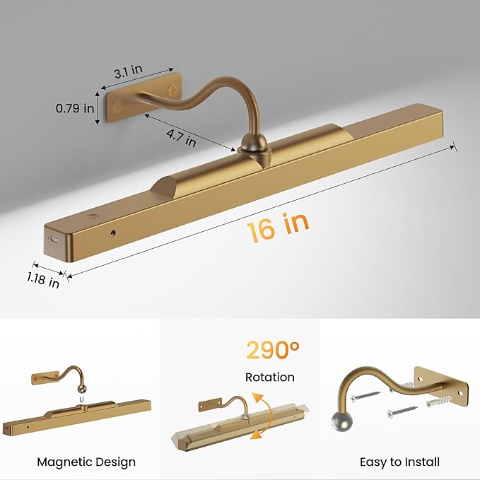 Wireless Picture Light Battery Operated, 1Pack Remote Control Painting Light with Timer, 13Hrs Service Life Art Display Light for Picture Frame Artworking Portrait, Poster, Photo, Mirror -Brass