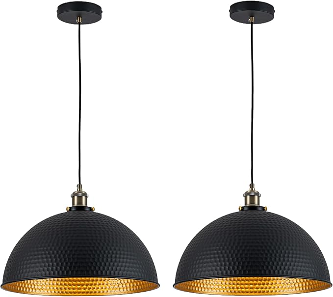 Industrial Large Black Gold Pendant Lights 2-Pack Vintage 16" Dome Pendant Light Fixtures with Golden Finish Rustic Farmhouse Black Pendant Lights for Kitchen Island, Dining Room, Bedroom
