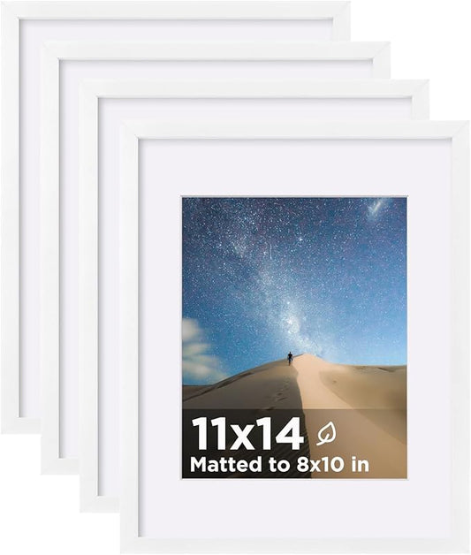 KINLINK 11x14 Picture Frame Set of 4, Wooden 14x11 Photo Frames with Plexiglass for 8x10 Picture with Mat or 11x14 Without Mat, Art Collage for Wall Gallery and Tabletop Display, 11 x 14 Frame White