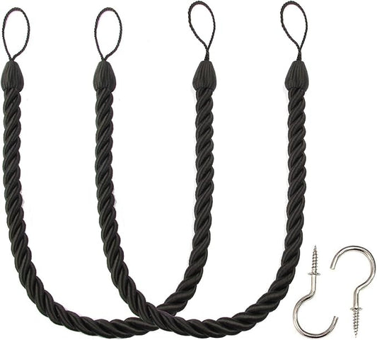 BEL AVENIR Curtain Tiebacks Ropes Tie-Backs, Handmade Curtain Holdbacks (Black, 2pack)