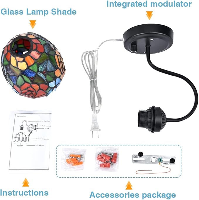 Tiffany Bedside Wall Mount Lamp with Dimmable Switch, Industrial Vintage Gooseneck Wall Sconce with Plug in Cord, Rose Stained Glass Shade Wall Light Perfect for Bedroom, Living Room and Hotel