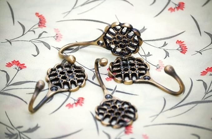 Multipurpose Hooks, Used to Hang Clothes, Bags, Coats, Curtain Hold Backs, Keys, Colour - Antique Gold, Material - Brass, Mesh Design, Screws and Wallplugs Included, Pack of 2 Pieces