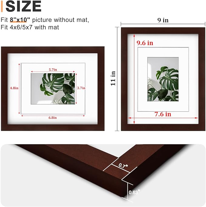 Egofine 8x10 Picture Frames Made of Solid Wood with Plexiglass, Display Pictures 4x6/5x7 with Mat or 8x10 Without Mat Set of 4 for Tabletop and Wall Mounting, Walnut Color