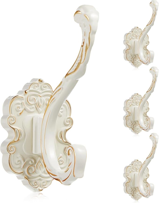 Zonon Vintage Coat Hooks Antique Wall Hooks Towel Hook for Hanging Purse Hat Keys Clothes Curtain Unique Heavy Duty Bathroom Hook for Wall(4 Pcs,White)