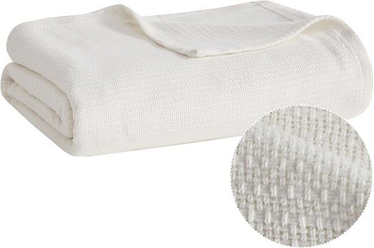 Madison Park Freshspun Basketweave Luxury Cotton Blanket Cream 108x90 King Size Basketweave Premium Soft Cozy 100% Cotton For Bed, Couch or Sofa