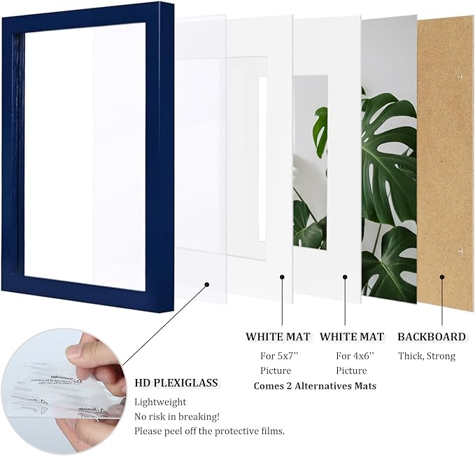 Egofine 8x10 Picture Frames 4PCS, Made of Solid Wood Display 4x6 and 5x7 with Mat Covered by Plexiglass, for Table Top Display and Wall Mounting Photo frame, Navy Blue