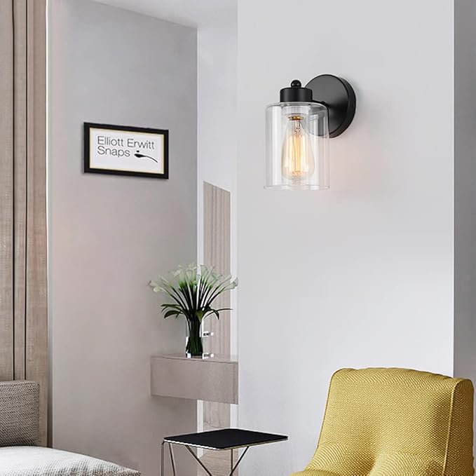 1-Light Bathroom Black Vanity Light Matte Black Wall Sconce Vintage with Clear Glass Shade, Hallway Light Fixture Sconces Wall Lighting