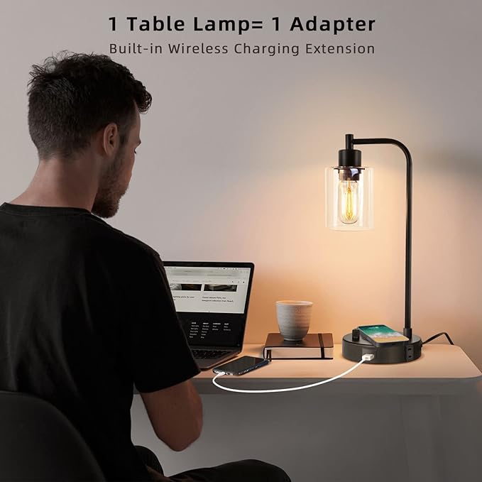 Industrial Table Lamp with Wireless Charing, Fully Stepless Dimmable Lamps Nightstand Lamps, Desk Lamp with Glass Shade Reading Lamp for Office Living Room (Black)