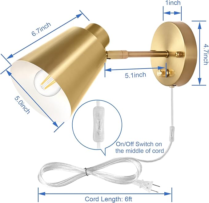 Plug in Wall Sconces, Dimmable Wall Sconces Adjustable Angle Wall Lights with Plug in Cord and Dimmer On/Off Knob Switch, Gold Wall Mounted Light for Bedroom Bedside Stairway(2 Pack, 2 Bulbs)