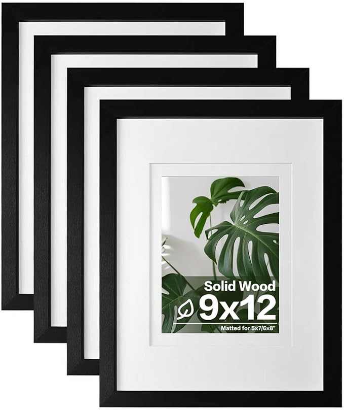 Egofine 9x12 Picture Frames 4PCS Covered by Plexiglass, Wood Frames for Pictures 5x7/6x8 with Mat or 9x12 without Mat, Tabletop and Wall Mounting Display, Black with Texture