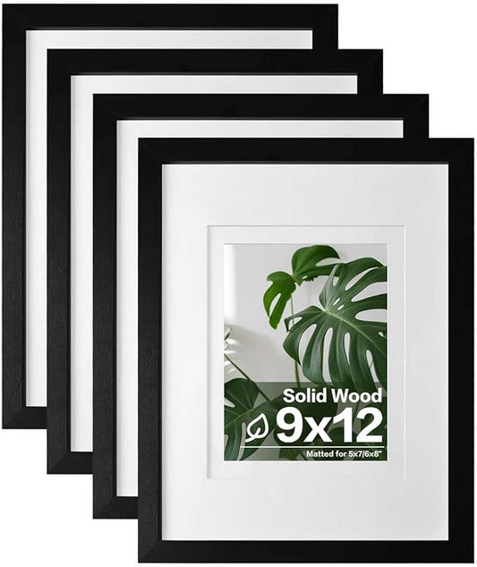 Egofine 9x12 Picture Frames 4PCS Covered by Plexiglass, Wood Frames for Pictures 5x7/6x8 with Mat or 9x12 without Mat, Tabletop and Wall Mounting Display, Black with Texture