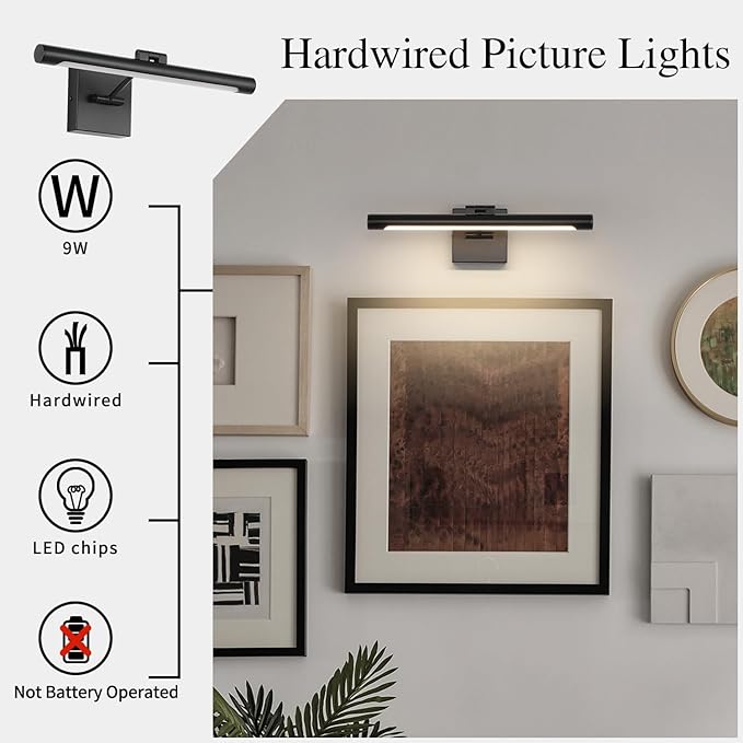 Joosenhouse LED Picture Light Fixtures 16.53" Inches Long Modern Black Wall Lamps with Rotatable Lighting Tube Picture Frame Lights for Paintings 9W(50W Eqv.) Hardwired Connection 3000K