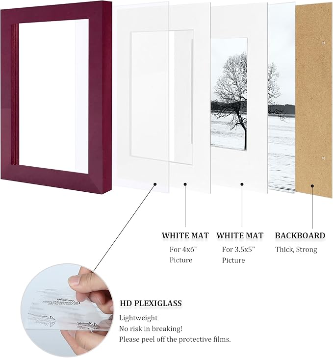 Egofine 4x6 Picture Frames Set of 4 Covered by Plexiglass - Made of Solid Wood for Table Top Display and Wall Mounting photo frame Cherry Red