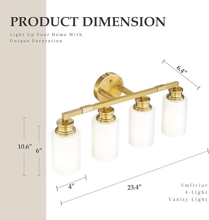Emliviar 4-Light Gold Bathroom Light Fixtures, Modern Vanity Light with Milk White Glass, Brushed Brass Wall Sconce Over Mirror, YCE253B-4W BG