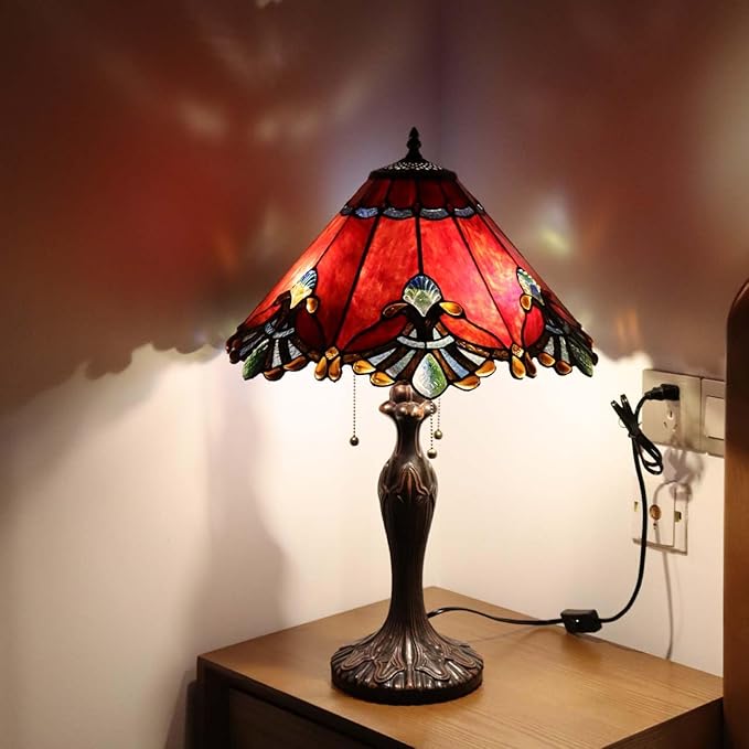 Bieye S10024 Tiffany Style Stained Glass Baroque Lampshade (17-inch Wide Red)
