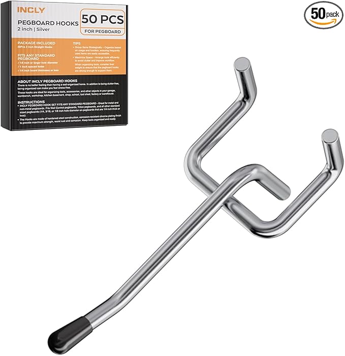 INCLY 50 Pack Pegboard Hooks, 2 Inch Metal Peg Board Hooks Accessories, Peg Board Tool Hangers Fit for 1/8“ and 1/4" Pegboard Hanging Tools for Garage, Craft Room, Kitchen, Store