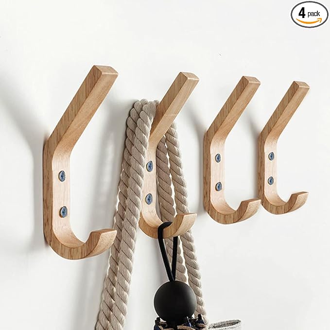 Wooden Coat Hooks Wall Hooks,Natural Oak Wood Hooks Decorative Vintage Wood Wall Hooks Organizer Heavy Duty Wall Mounted Hooks for Hanging Coats, Key, Cap, Cup (4 Pack)