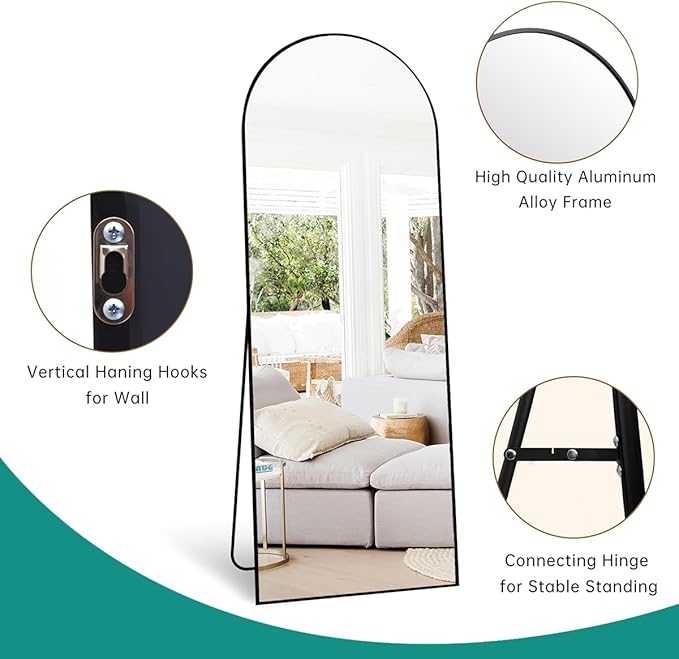TinyTimes 65''x22'' Arched Full Length Mirror, Floor Mirror with Stand, Full Body Mirror, Wall Mirrors, Modern & Contemporary Full Length Mirrors, Aluminum Alloy Frame - Black