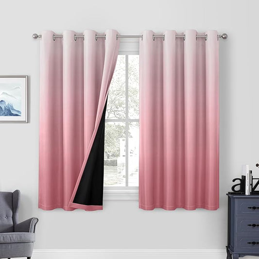 HOMEIDEAS Pink 100% Ombre Blackout Curtains for Bedroom, 52 X 63 Inches Long Room Darkening Gradient Light Blocking Thermal Insulated Grommet Drapes for Living Room, 2 Panels
