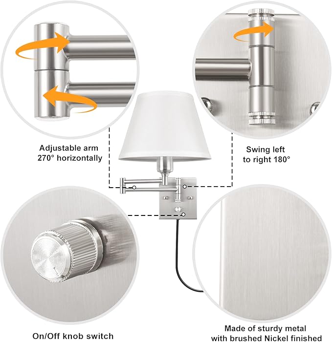 TRLIFE Wall Sconces Plug in, Remote Control Dimmable Wall Sconce and Adjustable Color Temperature 2700K-6500K, Swing Arm Wall Lights with Plug in Cord, 9.4" Medium White Fabric Shade(2 Pack, 2 Bulbs)