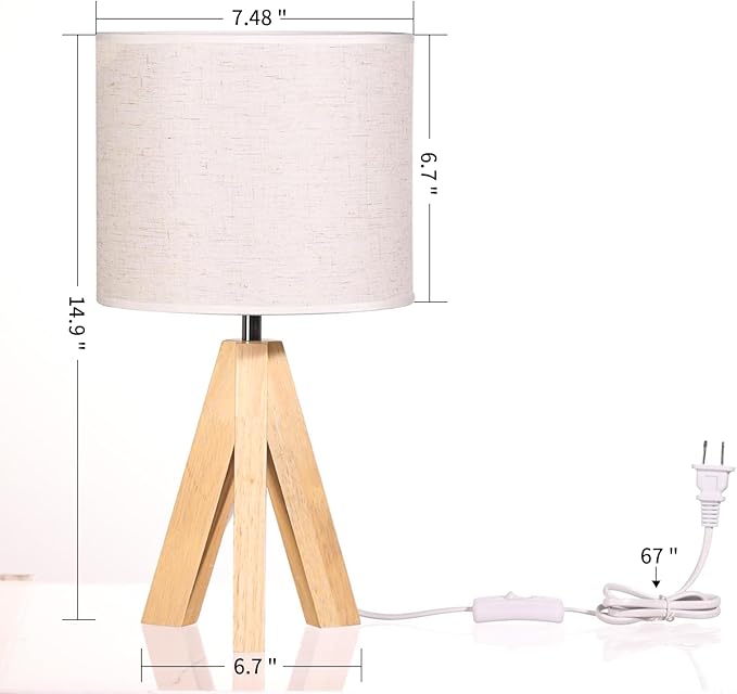 Table Lamp,Small Tripod Desk Lamp with Linen Fabric Lampshade,14.9",Tri-Color 5W Wooden Table Lamp for Living Room,Kids Room,Nursery