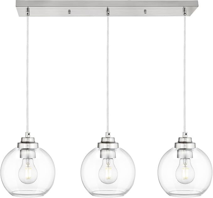 3-Light Globe Island Light, Linear Chandelier with Brushed Nickel Finish, Clear Glass Pendant Light Fixture for Dining Room Kitchen Island Living Room Pool Table, ZCPL101BN-3S