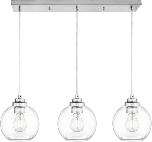 3-Light Globe Island Light, Linear Chandelier with Brushed Nickel Finish, Clear Glass Pendant Light Fixture for Dining Room Kitchen Island Living Room Pool Table, ZCPL101BN-3S