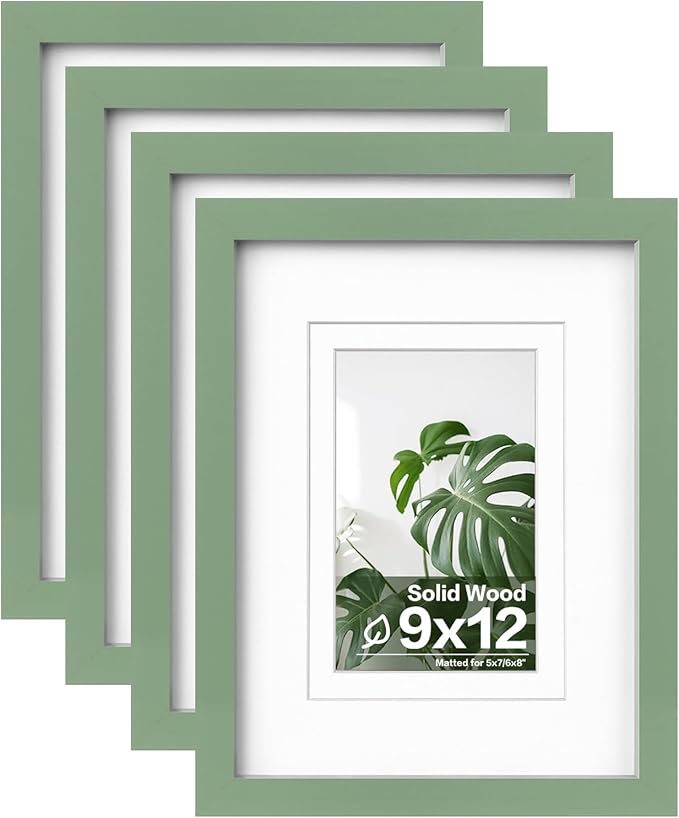 Egofine 9x12 Picture Frames 4PCS Covered by Plexiglass, Wood Frames for Pictures 5x7/6x8 with Mat or 9x12 without Mat, Tabletop and Wall Mounting Display, Green