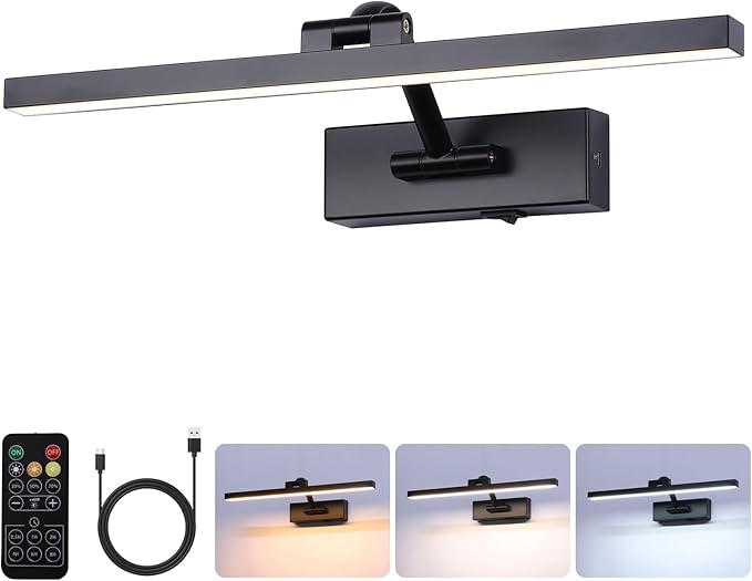 LED Wireless Picture Light with Remote Control,USB Rechargeable Battery Powered Art Lamps,Dimmable,270° Rotate,Timing,15.5 Inch Black Wall Lights for Paintings,Picture Frame,Gallery