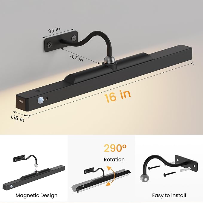 2 Pack Picture Lights for Wall Paintings Motion Activated – 16'' Rechargeable and Cordless Wall Sconce Pictures, 350LM Artwork Light for Gallery, Portraits,Poster(Black)