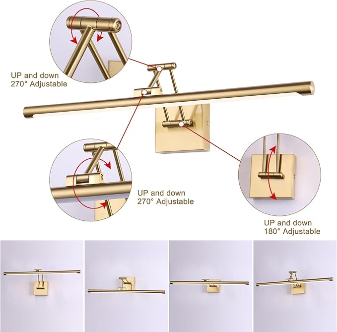 Brass Picture Light for Painting LED Gold Art Light Hard-Wired Picture Frame Lights 24 Inch Gallery Wall Light Modern Painting Lamps with Adjustable Swing Arm Display Lamp for Wall Artwork Warm White