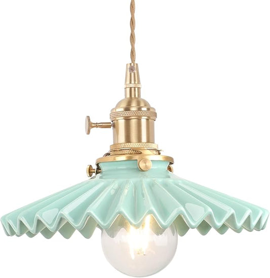 Pendant Light with Green Pleated Ceramic Lmapshade, Brass Vintage Pendant Light Adjustable Hanging Light for Kitchen Island Dining Room Hallway