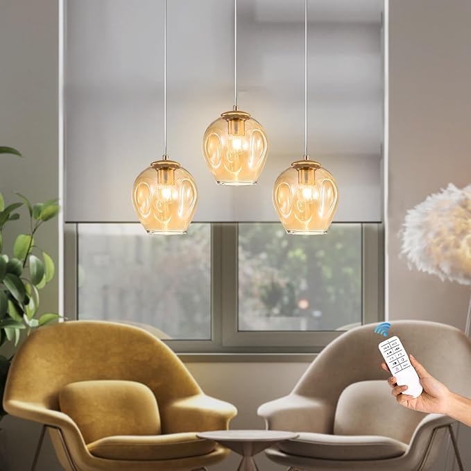 1-Light Hanging Light Fixtures Pendant Lights Kitchen Island Hand Blown Modern Glass Chandelier for Living Room Coffee Bar (Gold+Amber)