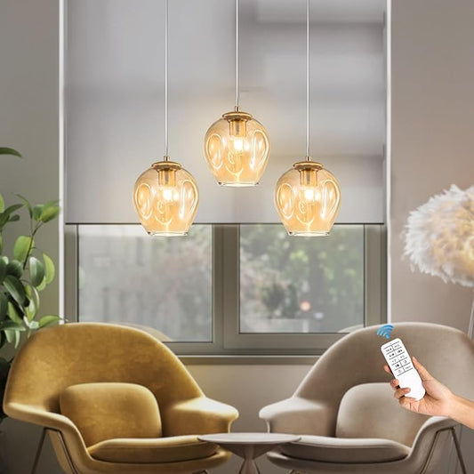 1-Light Hanging Light Fixtures Pendant Lights Kitchen Island Hand Blown Modern Glass Chandelier for Living Room Coffee Bar (Gold+Amber)