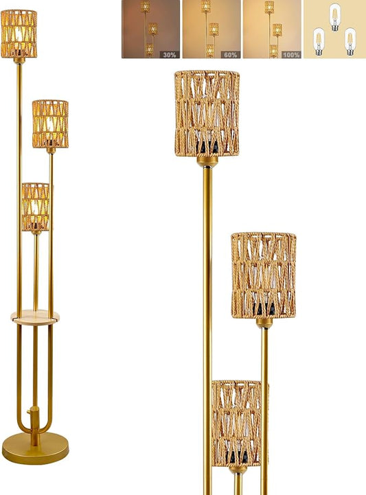 Lightdot Boho Floor Lamp with Shelves, 3-Lights Farmhouse Gold Dimmable Floor Lamp Candle Holder Style, Rustic Tall Standing Lamp with Rattan Shades for Living Room Bedroom Home Office