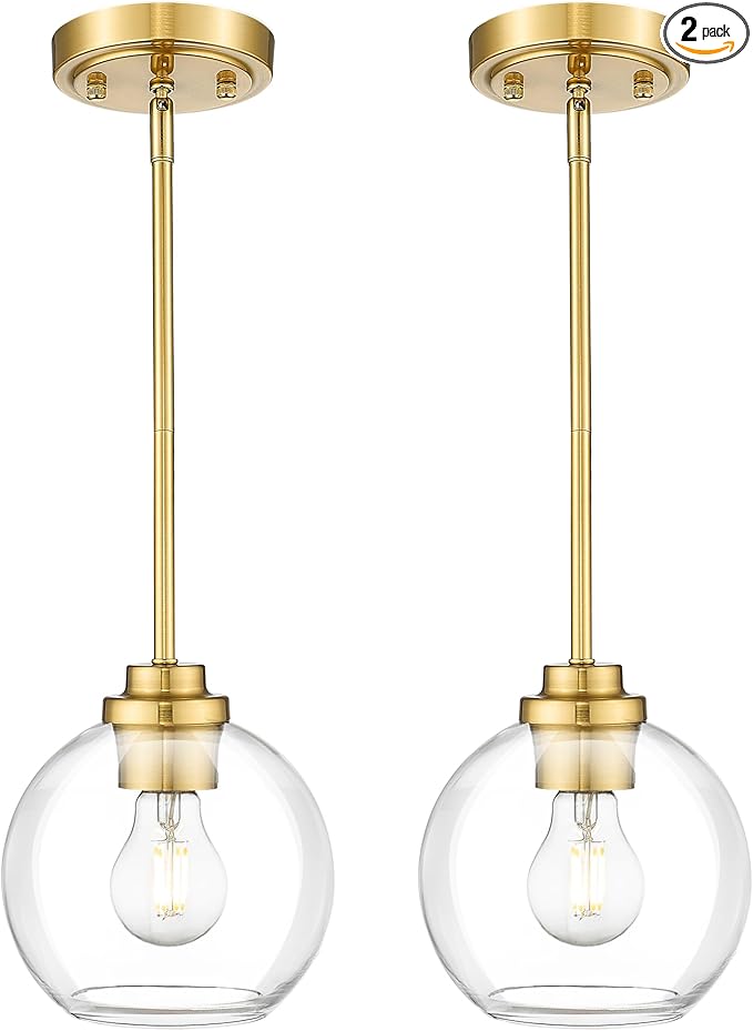 Modern Polished Gold Pendant Light, Mid Century Globe Hanging Light Fixture with Clear Glass for Kitchen Island Dining Room Bedroom Hallway Foyer (2 Pack), PL101BG-2PK