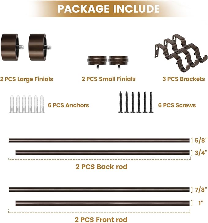 KAMANINA 1 Inch Double Curtain Rod 36 to 72 Inches (3-6 Feet), Bronze Heavy Duty Curtain Rods for Windows, Telescoping Double Drapery Rods with End Caps