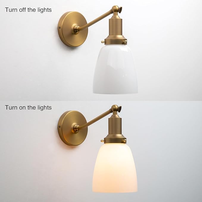 PERMO Industrial Vintage Slope Pole Wall Mount Single Sconce with 5.5" Oval Dome Milk White Glass Shade Wall Sconce Light Lamp Fixture (Antique)